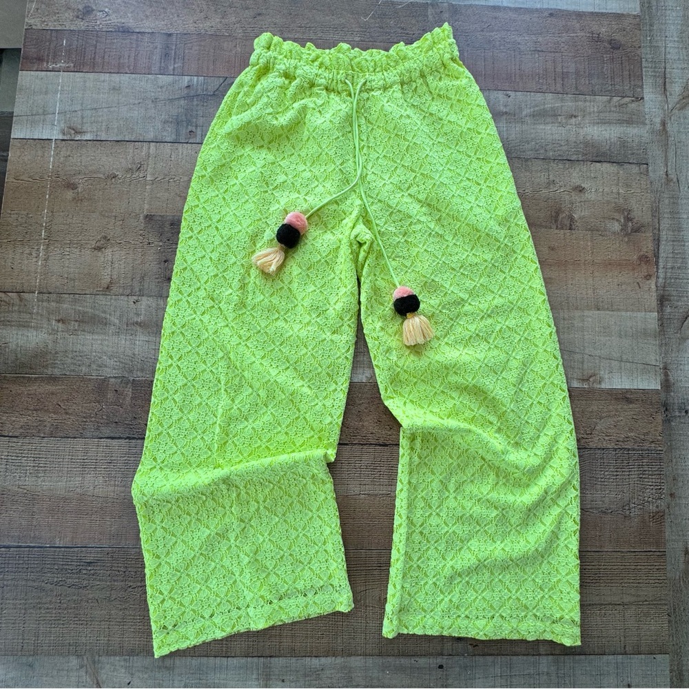 Ollari Wide Leg Eyelet Trouser Pomp Pom Detail XSMALL Bright Lime Green